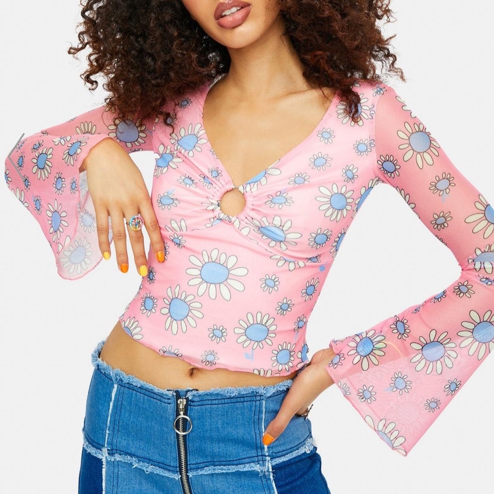 DollsKill Bell Sleeve Cropped Floral Top